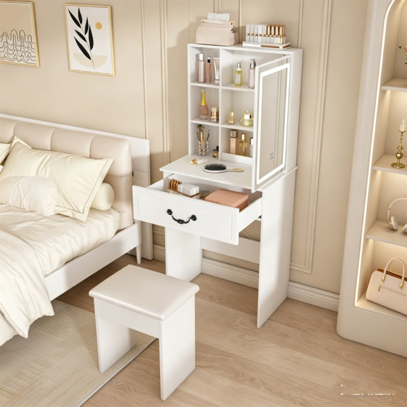 Mini coiffeuse moderne avec miroir éclairé à DEL et rangement dissimulé, bureau de coiffeuse à luminosité réglable, tabouret rembourré, tablettes à plusieurs niveaux résistantes à la poussière, blanc
