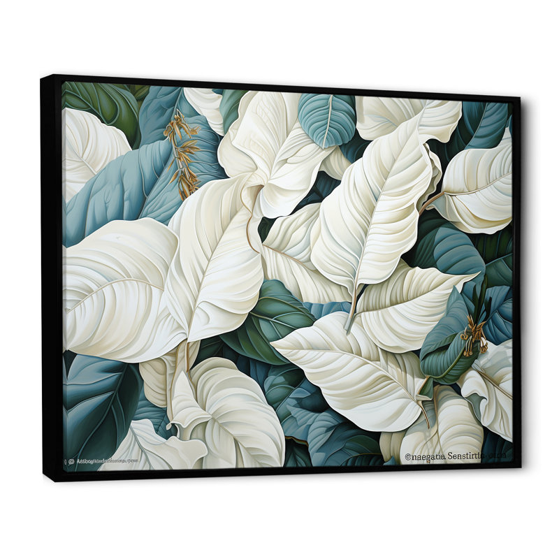 «White Leaves Charm», impression sur toile, H 16 po x l 32 po x P 1 po, Cadre flottant noir