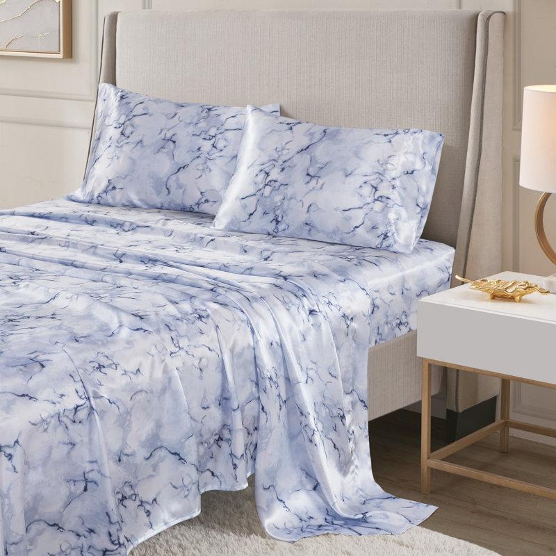 Printed Satin Wrinkle Resistant Luxury Sheet Set, Blue Marble, King Sheet Set + 2 Standard Pillowcases