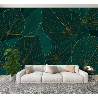 Peel and Stick Wallpaper Green Tropical Leaves Elegant Gold Veins Deep Teal Wall Murals 100"H x 144"W Removable PVC Wall Paper Self-Adhesive Wall Decor for Bedroom Living Room Home Office