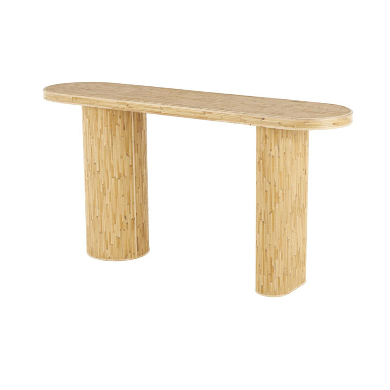 Cole And Grey Rattan Handmade Textured Oval Console Table With Linear Wood Strip Design