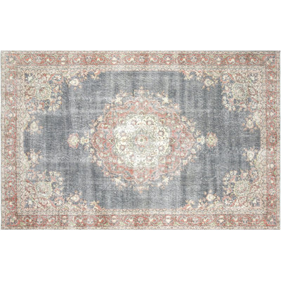 Tapis unique en laine noué à la main de 6 pi 8 po x 10 pi 5 po gris foncé / rouge / ivoire des années 1960
