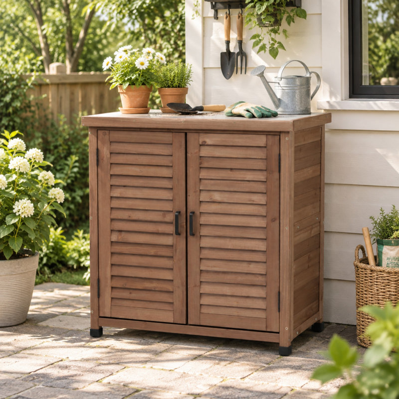 Banc d'extérieur en bois massif avec armoire de rangement et plateau en métal, Brun
