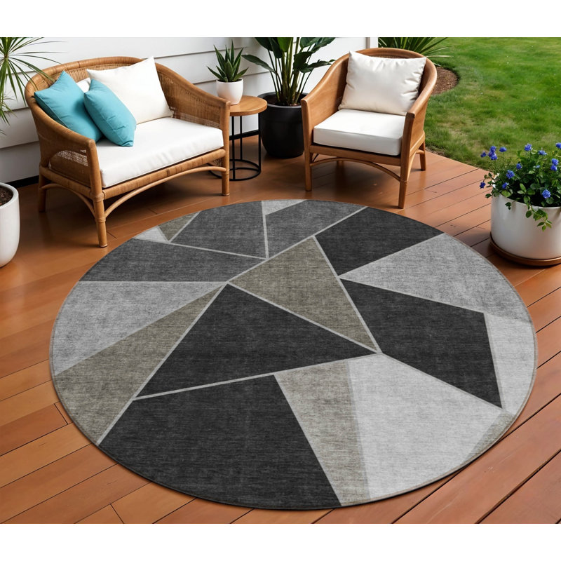 Tapis d'intérieur rond 8 po à motif géométrique gris anthracite lavable