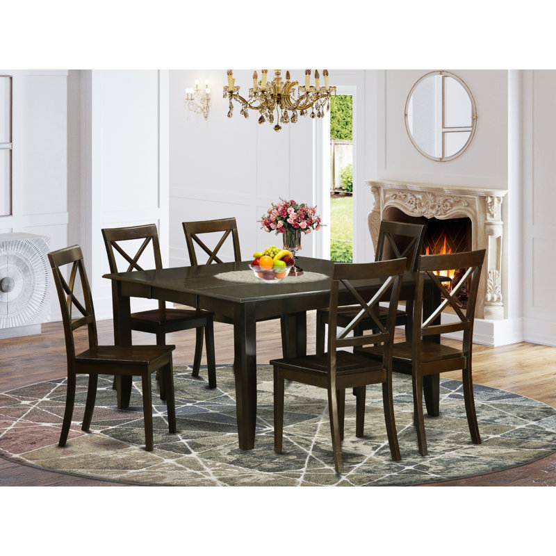 7 Piece Dining Room Table Set Consist of a Square Kitchen Table with Butterfly Leaf and 6 Dining Chairs, Cappuccino