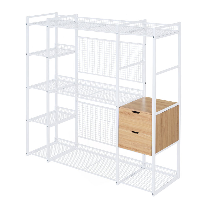 Armoire ouverte avec rails suspendus, tablettes et tiroirs, blanc