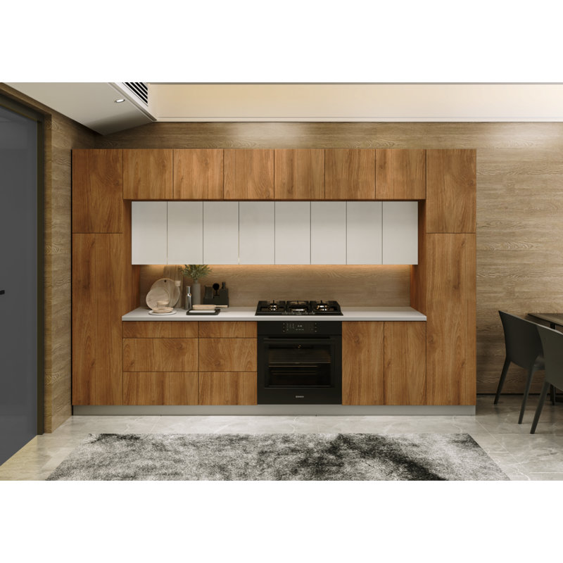 Cuisine complète moderne en panneau de fibres à densité moyenne en bois de teck naturel et blanc de 143 po x 24 po x 96 po WALLKITCHENS FK-LUXE 