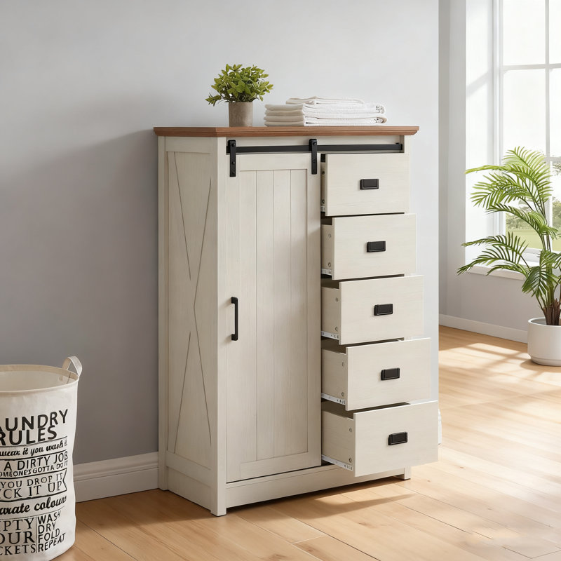 5-drawer Chest W/sliding Barn Door - Farmhouse Style, Engineered Wood (100 Lbs Tabletop Capacity), White