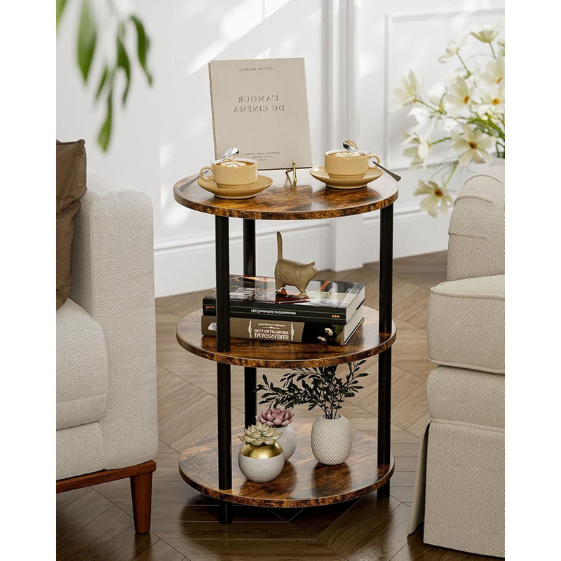 Table d'appoint ronde - Petite table d'appoint avec tablettes à 3 niveaux, table de bout en bois rustique pour la chambre à coucher ou le salon, pieds en métal renforcé, brun rustique facile à assembler