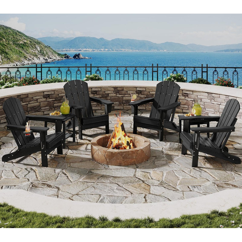 Folding Adirondack Chair Set of 4 w/ 2 Side Table, HDPE Outdoor Patio Chair with Cup Holder, All-Weather Textured for Deck, Garden, Fire Pit