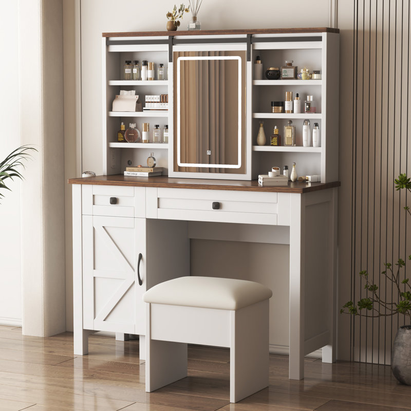 Farmhouse Makeup Vanity Desk With Sliding Mirror And Lights  Mirror Only