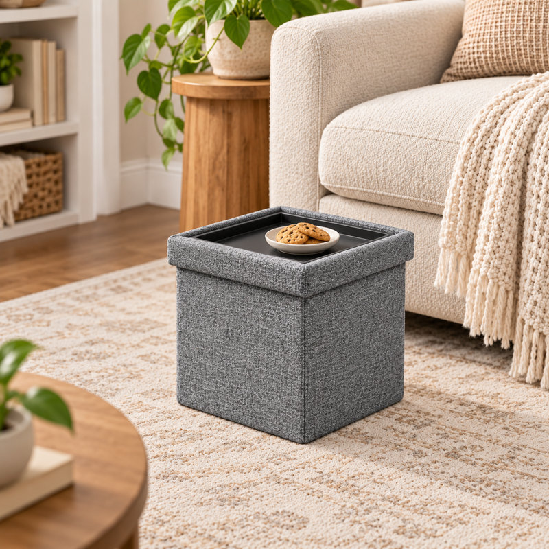 Pouf de rangement pliable en forme de cube de 30 cm avec plateau réversible, Gris