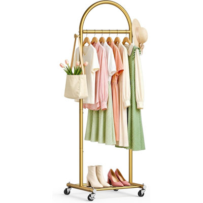 18" Small Clothes Racks for Hanging Clothes Arched Shape Clothing Rack with Wheels 70" Metal Rolling Garment Rack with Shelves, Gold