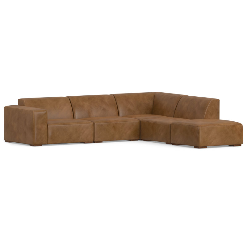 Rex 5 - Piece Modular Genuine Leather Sectional with Ottoman, Right Hand Facing, Caramel Brown