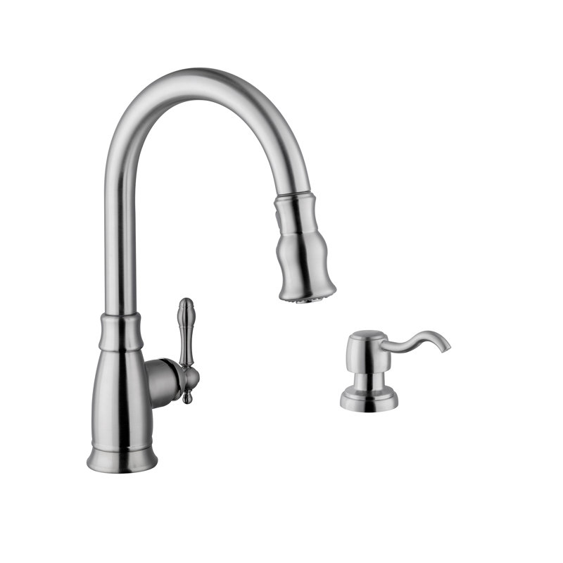 Robinet de cuisine rétractable à poignée simple avec distributeur de savon, Nickel brossé