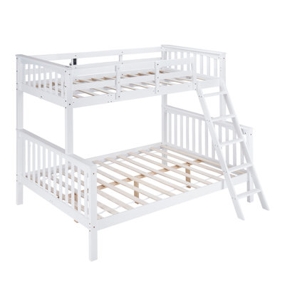 White Twin Over Full Size Bunk Bed With Guardrail, LED Light, Charging Station