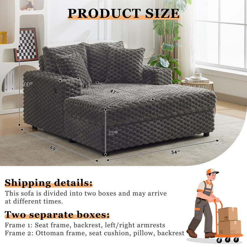 Chaise longue surdimensionnée en velours côtelé de 60 po avec accoudoirs, coussins décoratifs, ports USB et porte-gobelets, grand fauteuil inclinable moderne