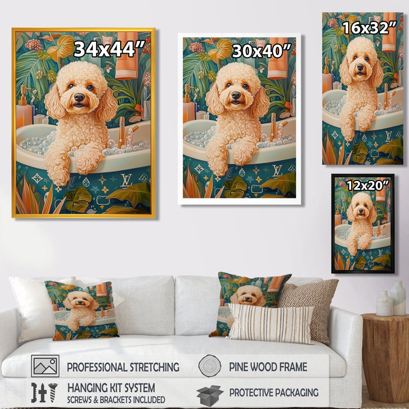 Caniche chien bain Time Bubbles I - Décoration murale chien, Cadre flottant blanc, H 20 po x l 12 po
