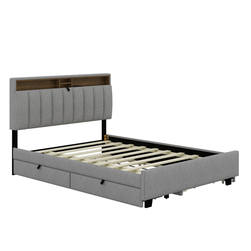 Lit plateforme tapissier avec couchette et ports USB Coster, Double, Beige