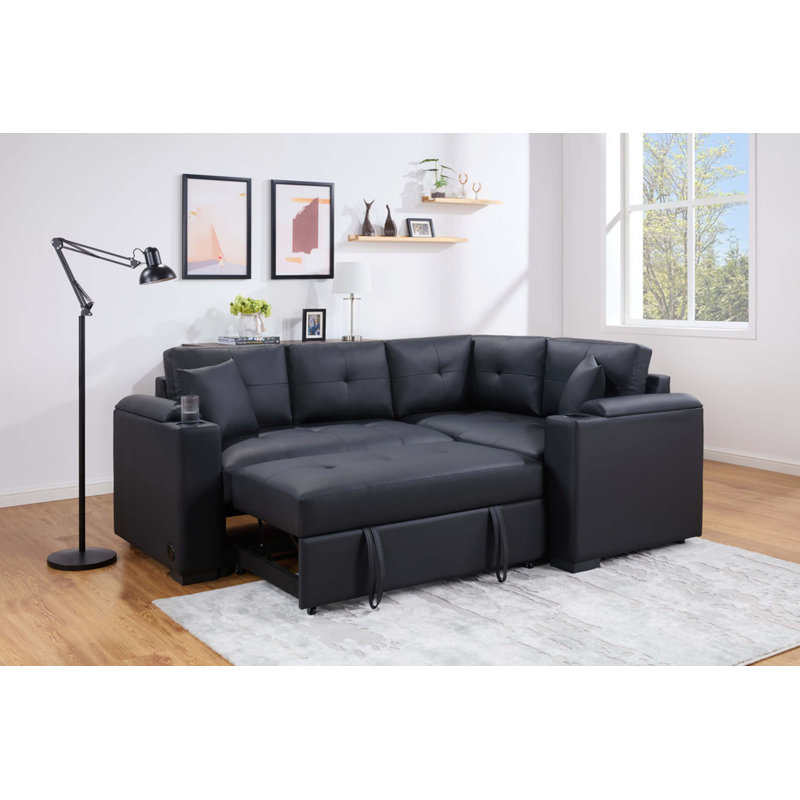Duilio 84.5"W PVC Fabric Sleeper Sectional With USB Charger, Cupholders, Storage Arms