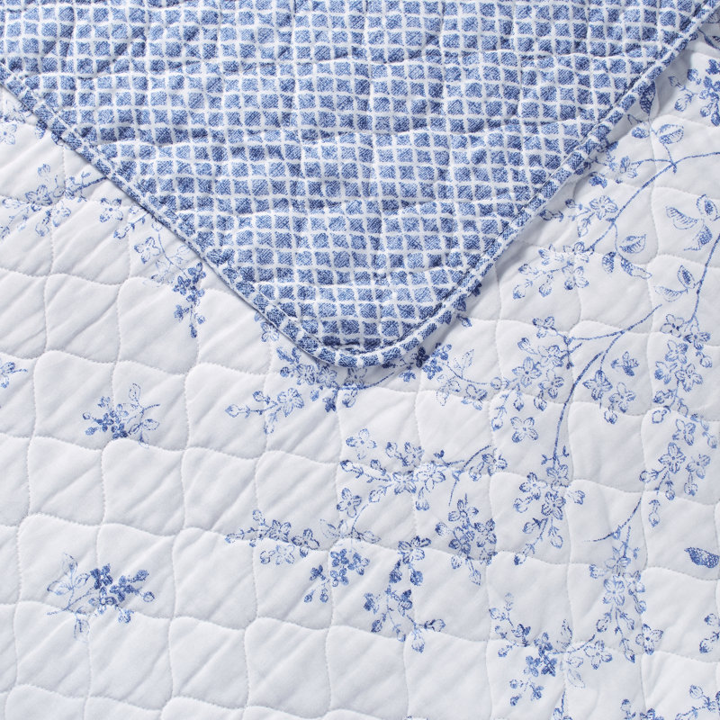 Laura Ashley Flora Cotton Reversible Blue Quilt Set, Full/Queen Quilt + 2 Shams