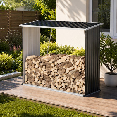 Abri de jardin en métal noir étanche, de 158 cm de hauteur, avec toit en pente, idéal pour ranger le bois de chauffage, la tondeuse à gazon et les outils de jardinage.