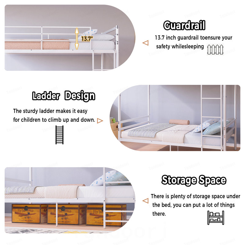 Lit superposé simple au-dessus d'un lit simple, barrière de sécurité haute de 13,7 pouces, une couche avec 19 barres et support de 600 lb, échelle robuste, grand espace de rangement sous le lit, 2 lits convertibles