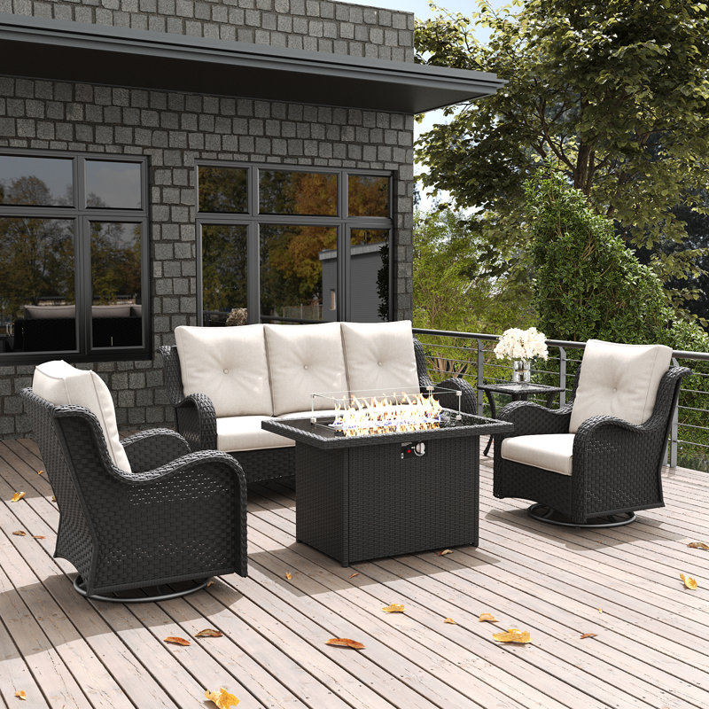  5 Pieces Outdoor Patio Furniture Set With Fire Pit Table, Rattan Wicker Sectional Swivel Rocker Chairs Sets With Swivel Glider Chair And Coffee Table