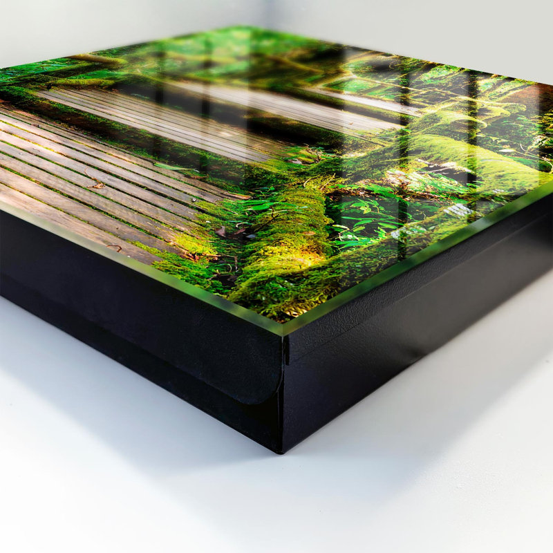 Decorative key box for wall, Opens to the left, 30x30x5, Black, Wooden bridge in a green forest, 