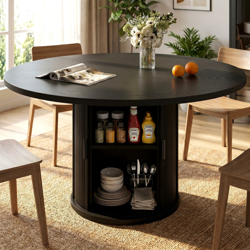 47" Modern Round Dining Table with Hidden Compartment – 2-Tier Storage Shelf and Wood Slat Base, Wood Kitchen Table, Black
