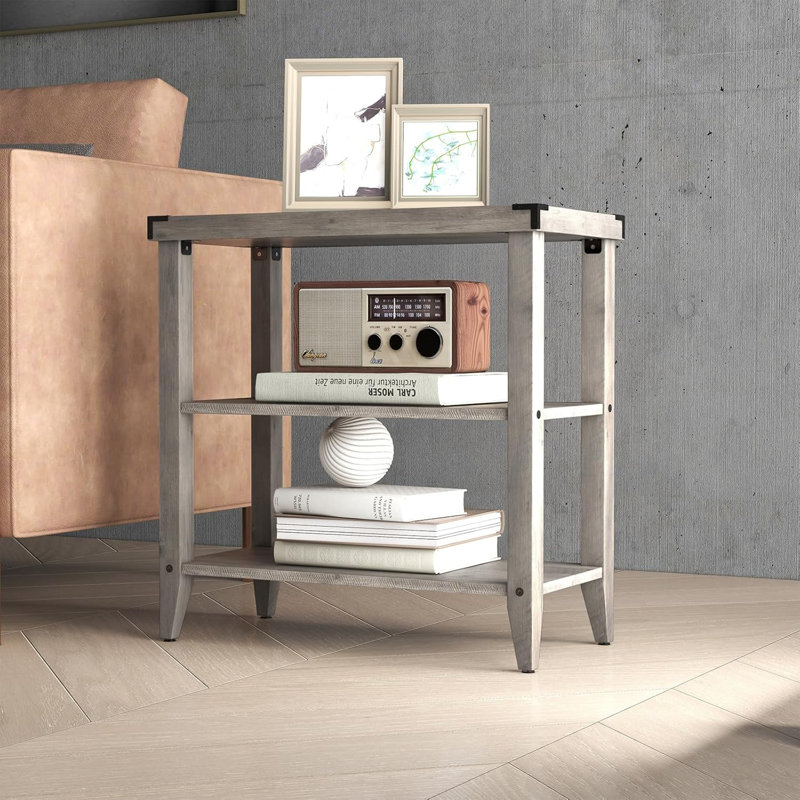 Grey Farmhouse End Table, 3 Tier Rustic Side Table