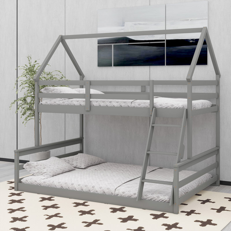 Lit superposé en forme de maison avec échelle intégrée, convertible en 2 lits, Gris