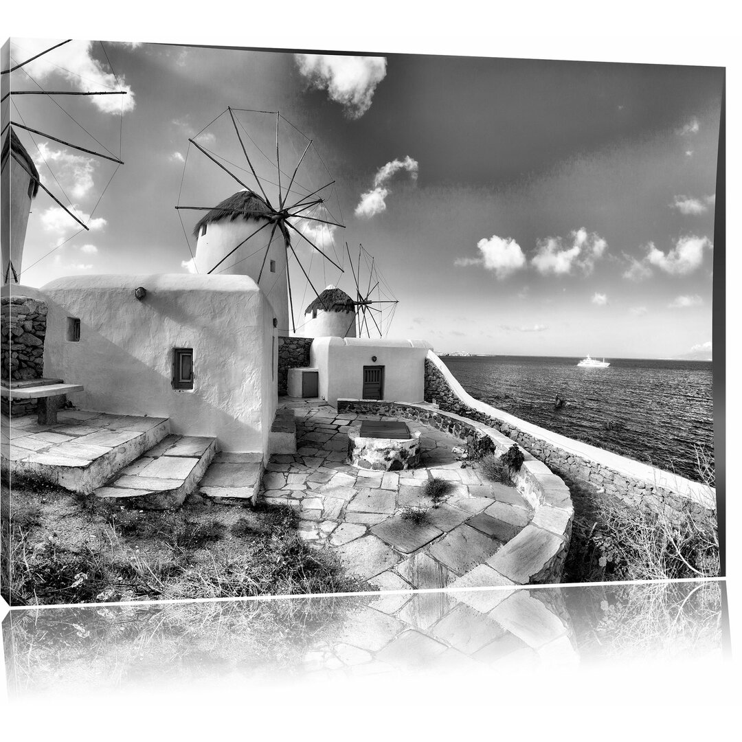 Leinwandbild Kleine Windmühlen im Mittelmeer in Monochrom