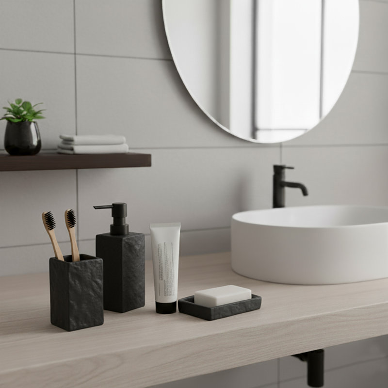 Square Resin Stone Effect Bath Tumbler Cup Toothbrush Holder, Black