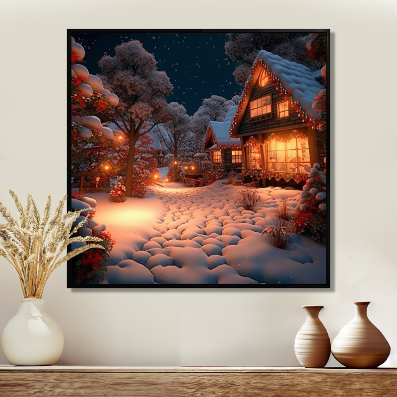 «Christmas Time In The Winter Village», art mural paysage d'hiver, Toile avec cadre flottant noir, H 16 po x l 16 po x P 1 po