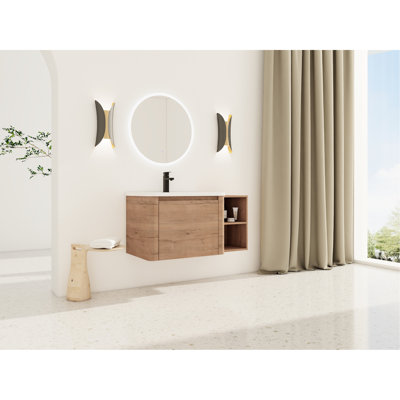 Meuble-lavabo mural de 40 po avec lavabo en céramique blanche, petites tablettes de rangement et 1 porte à fermeture en douceur, emballage Kd, base en contreplaqué, surface facile à nettoyer, 45 poignées dissimulées