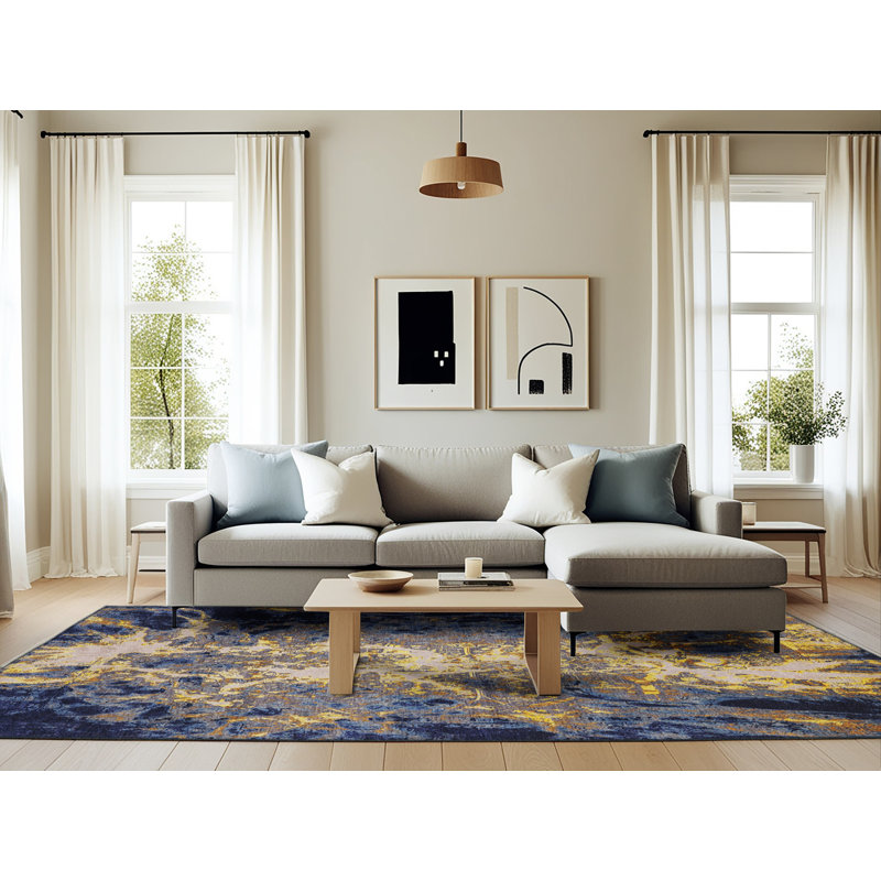 Tapis abstrait bleu / jaune Iron Acton, Rectangle 6 pi x 9 pi