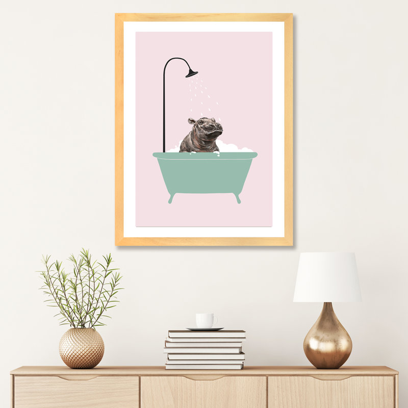 Hippopotame dans une baignoire, art encadré, H 32 po x l 24 po x P 1 po, Papier encadré naturel