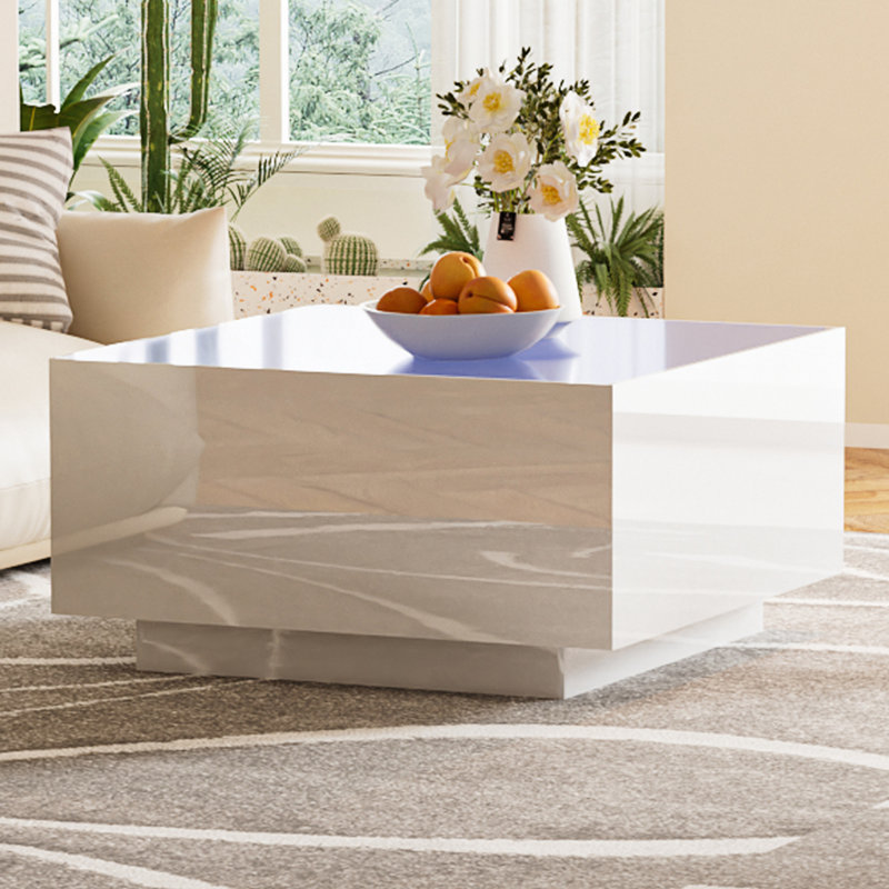Table basse carrée ultrabrillante carrée avec 16 lumières DEL colorées, table centrale moderne et table basse, Blanc