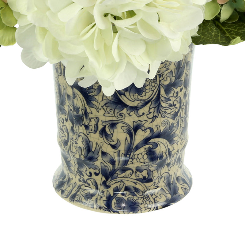 Hydrangea Arrangment In A Chinoiserie Vase, Green/Cream