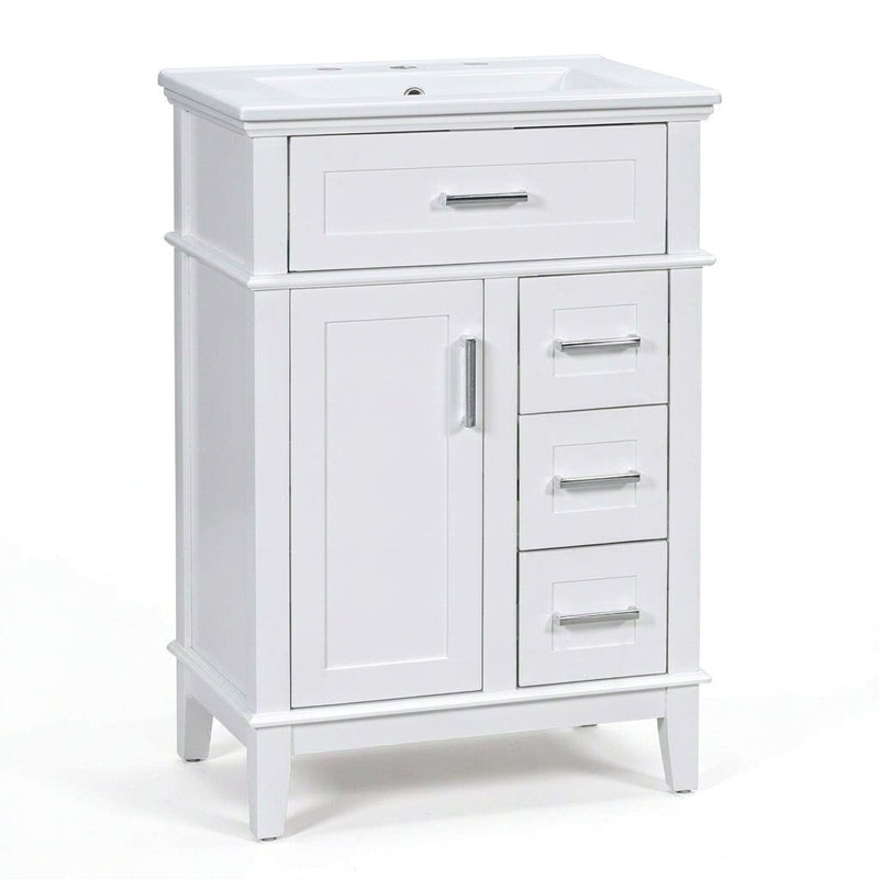 Lavabo de meuble-lavabo en céramique 24 po, structure en bois massif et armoire en panneau de fibres à densité moyenne, 1 porte, tiroir rabattable et 3 tiroirs, charnières à fermeture douce, tablette réglable, poignées argentées