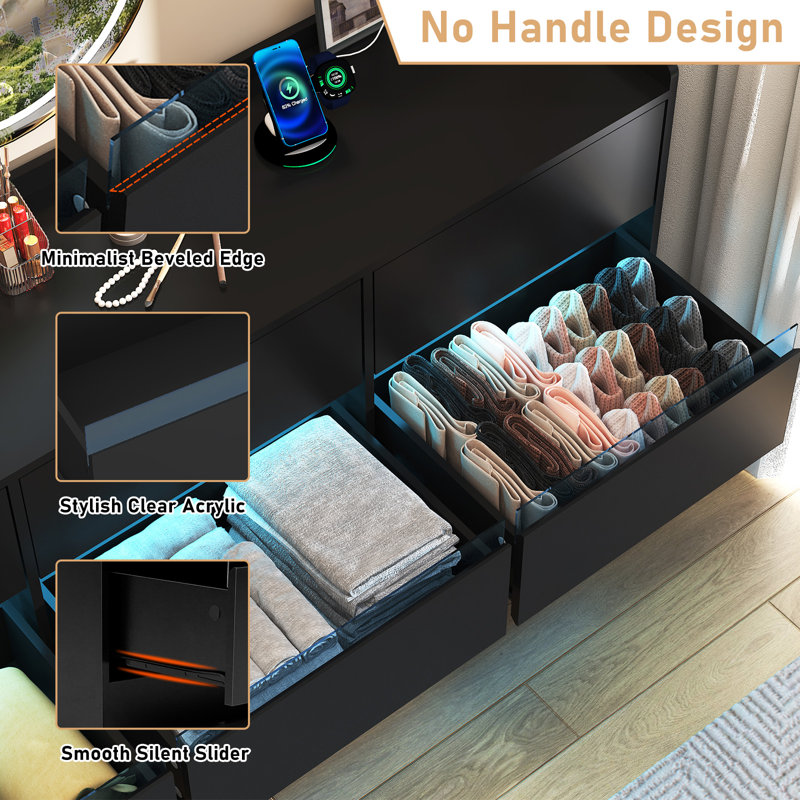 9 Drawer 63" W Dresser With LED Light, Sockets, USB Port, Type-C Port And Beveled Edge Pulls, Black