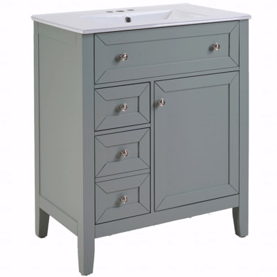 Meuble-lavabo en bois massif avec lavabo encastré en céramique - Glissières de tiroir à fermeture en douceur 12 po, bac rabattable + tiroir simple + tiroir de rangement, tablette réglable
