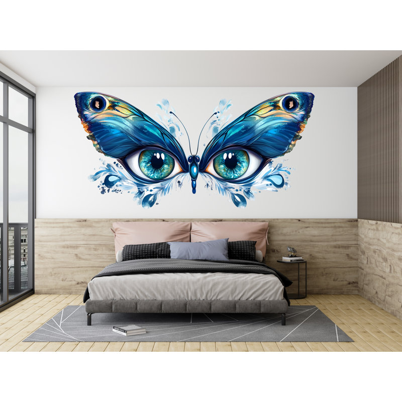 Adhésif mural yeux bleus papillons bleus abstraits, grande chambre à coucher, art mural amovible moderne, 093 g