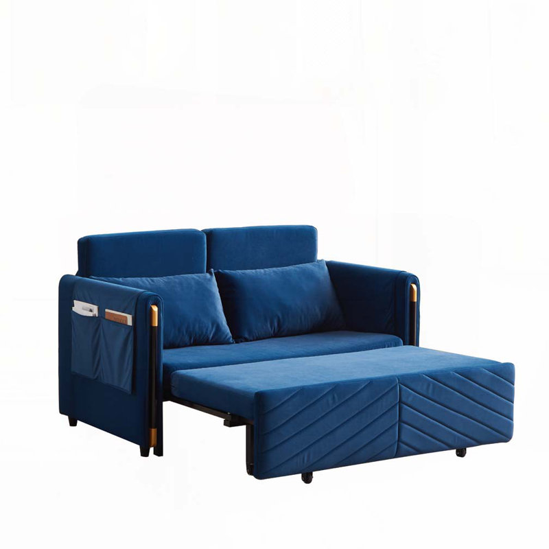 Velvet Multi-position adjustable Sofa with 2 Detachable Arm Pockets, Blue, 31.55" H x 54.05" W x 30.55" D
