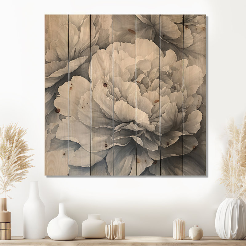 Peonies In Monochrome Layers II - Peonies Wood Wall Decor - On Natural Pine Wood, 25" H x 25" W x 0.78" D