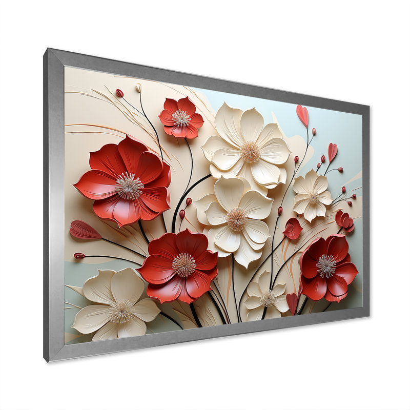 Rouge et blanc cramoisi fleur s Étreinte - art mural fleur, H 34 po x l 44 po, Cadre photo unique, Argent argent