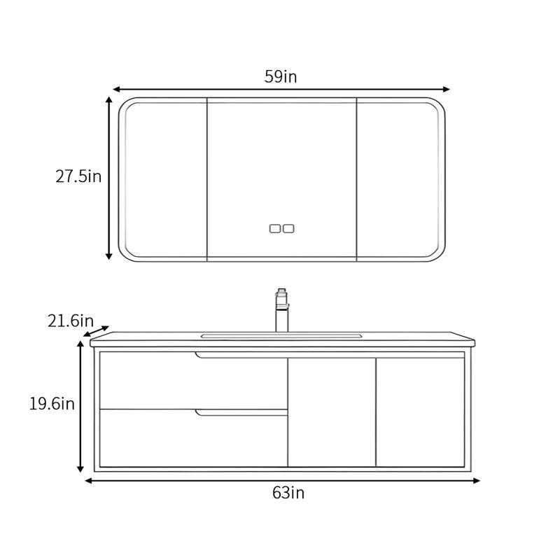 Minimalist retro style bathroom cabinet, 19.6" H x 63" W x 21.6" D