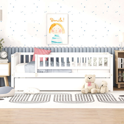 Twin Size Wood Daybed With Trundle And Fence Guardrails