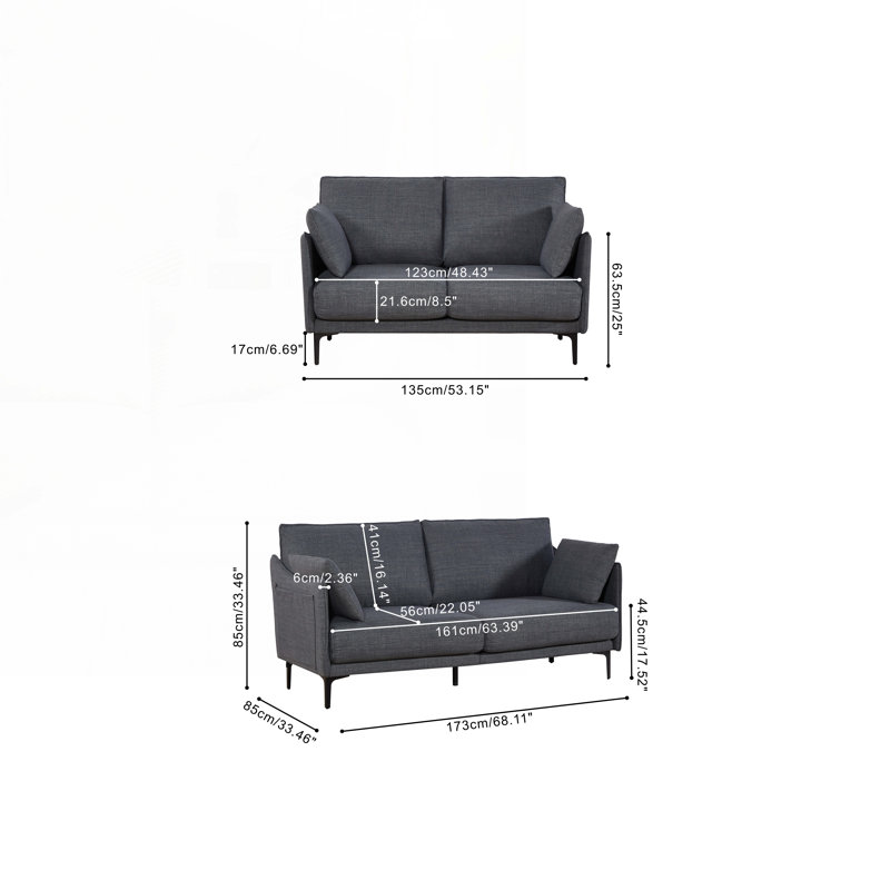 Canapé avec 2 coussins, pieds Metel, Gris, H 33,46 po x l 68,11 po x P 33,46 po